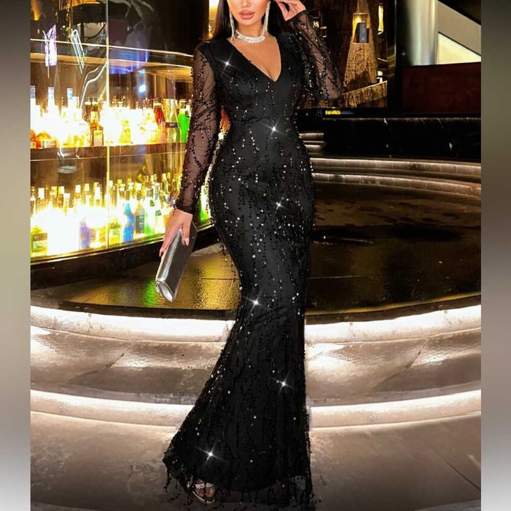 Elegant Black Sequin Evening Gown